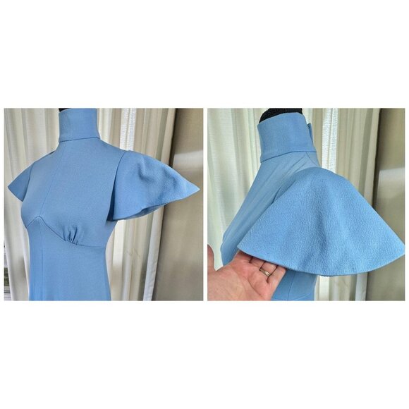 Vintage 60s dress, sky blue, Mod minimalist gown, high neck, flutter sleeves - Picture 4 of 10